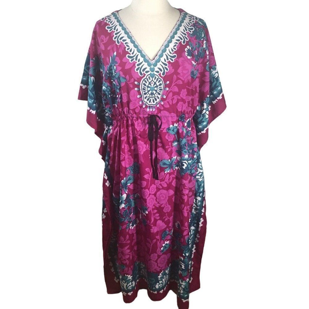 Hot Pink Boho Kimono Kaftan Dress Swim Cover OS Loungewear Beach Vacation Patio